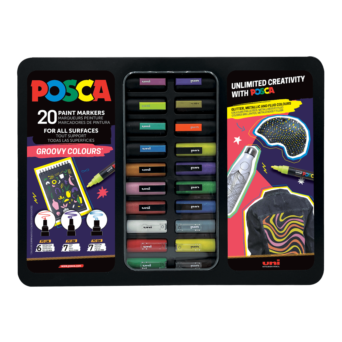 Posca sada popisovačů PC-1M/PC-3M/PC-5M, GROOVY, PC-1M: 6 ks, PC-3M: 7 ks, PC-5M: 7 ks, mix barev (20 ks)