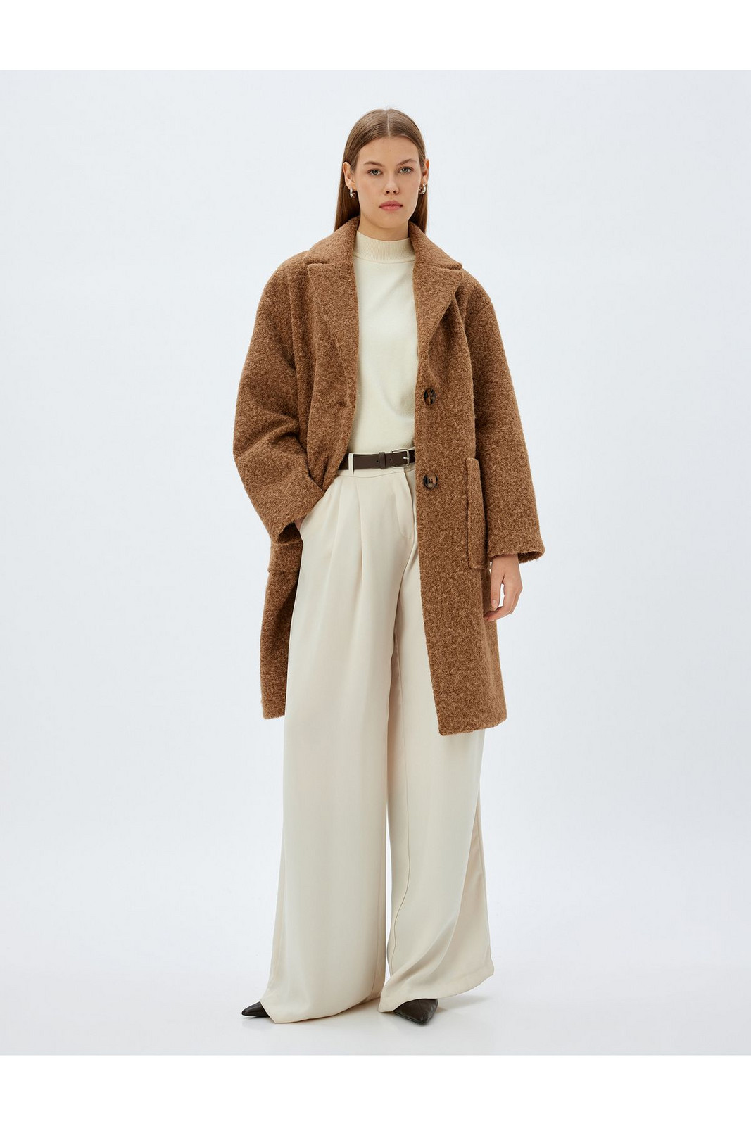 Koton Long Boucle Coat Double Breasted Reverse Collar Pocket