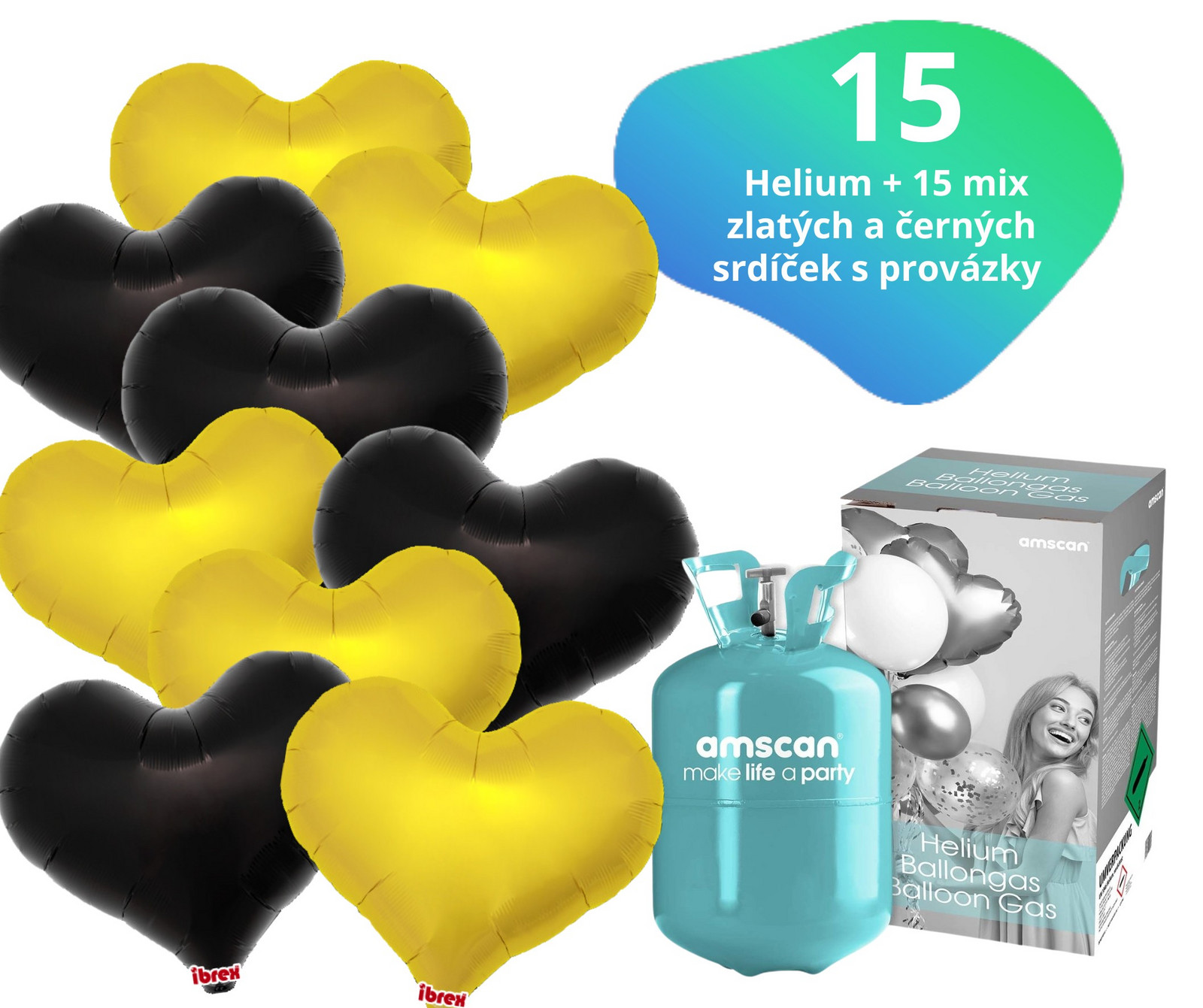 Helium set - helium a balónky IBREX srdce černé a zlaté 15 ks - Balonky.cz