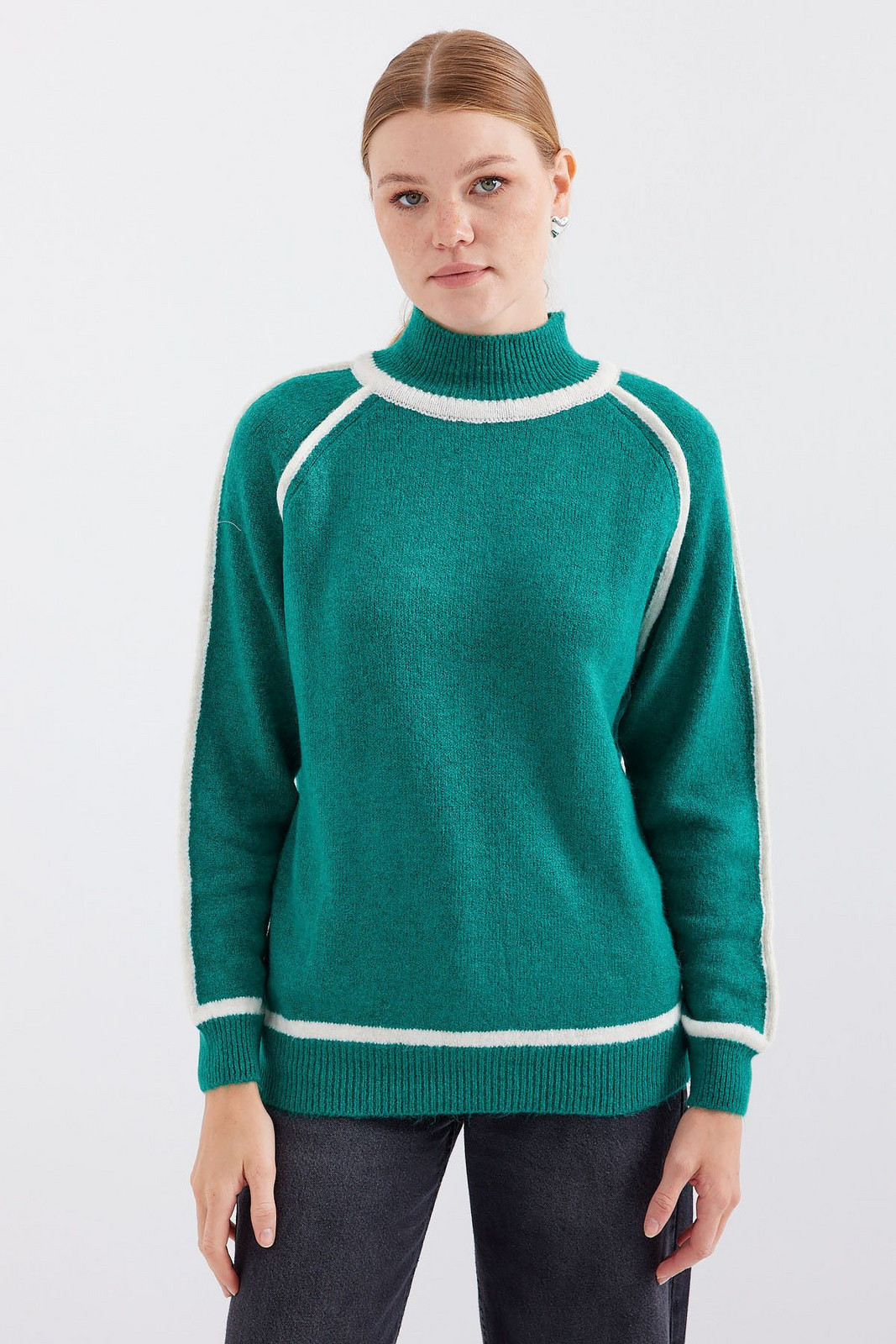 Bigdart 15879 Striped Oversize Knitwear Sweater - Emerald Green