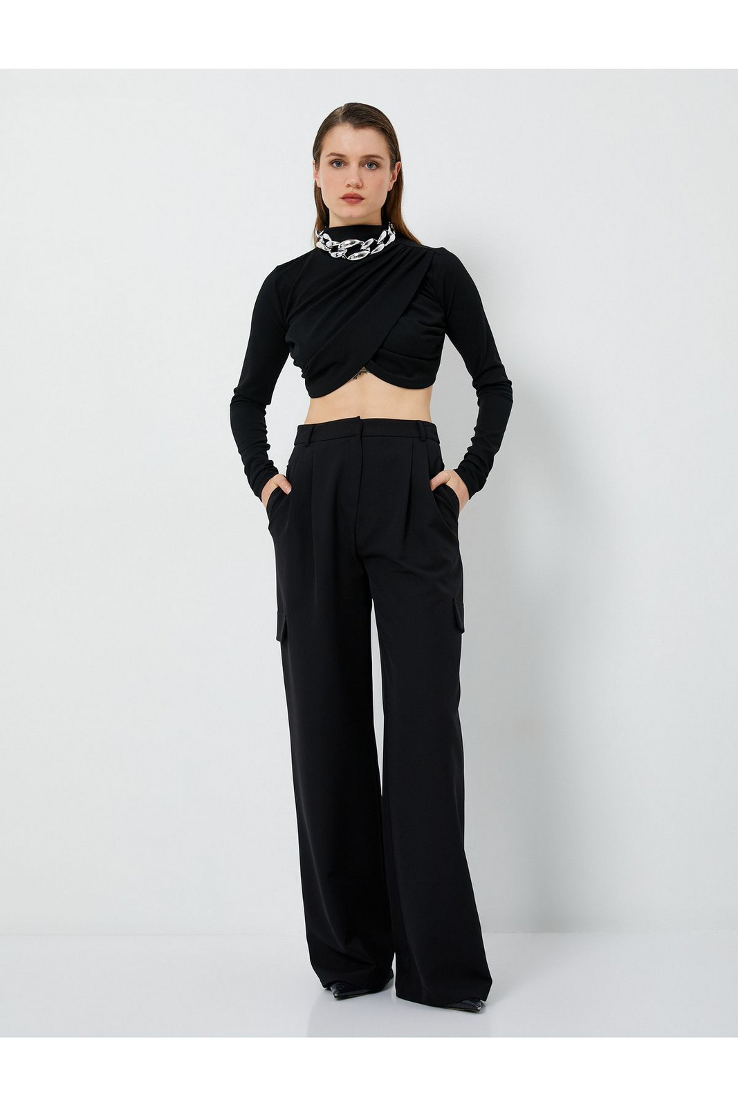 Koton Crop T-Shirt Draped Long Sleeve