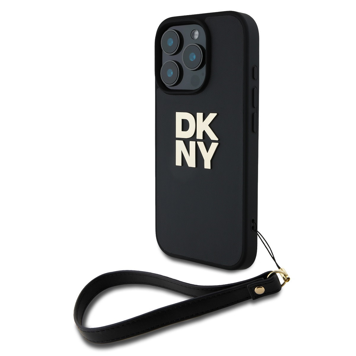 Zaní kryt DKNY PU Leather Stack Logo Wrist Strap pro Apple iPhone 16 Pro Max, černá