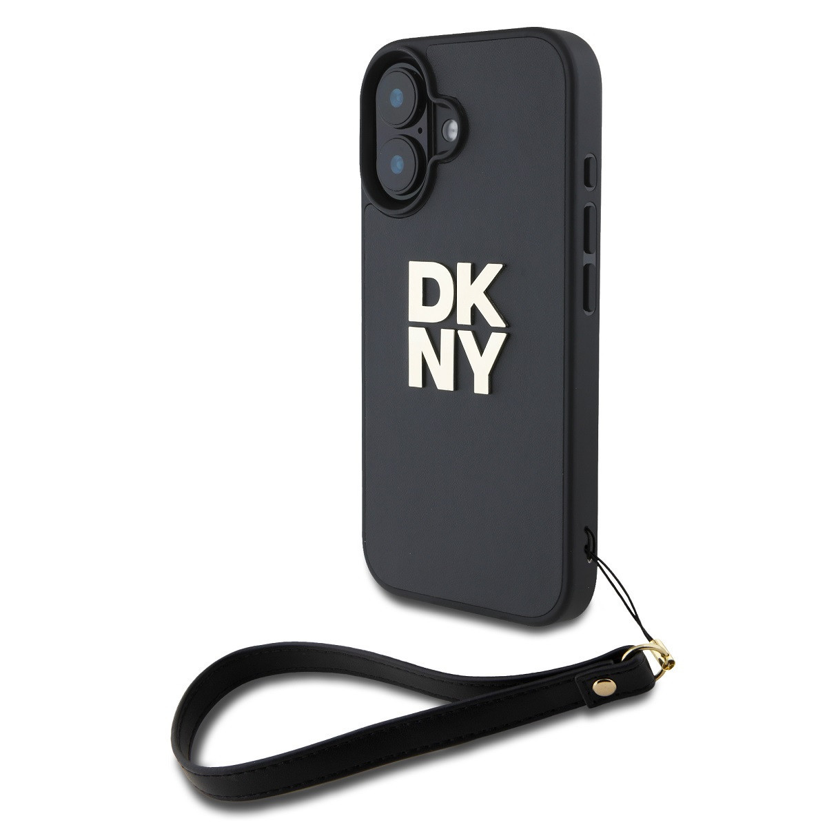 Zaní kryt DKNY PU Leather Stack Logo Wrist Strap pro Apple iPhone 16, černá