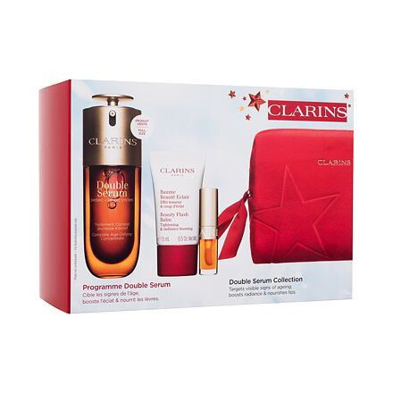 Clarins Double Serum Collection : pleťové sérum Double Serum 50 ml + pleťový balzám Beauty Flash Balm 15 ml + olej na rty Lip Comfort Oil 1,4 ml 01 Honey + kosmetická taštička pro ženy