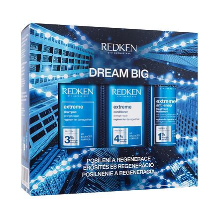 Redken Extreme Dream Big dámský dárková sada šampon Extreme 300 ml + kondicionér Extreme 300 ml + vlasová péče Extreme Anti-Snap Treatment 250 ml pro ženy poškozená krabička