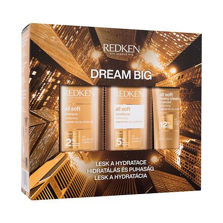 Redken All Soft Dream Big dámský dárková sada šampon All Soft 300 ml + kondicionér All Soft 300 ml + maska na vlasy All Soft Heavy Cream Treatment 250 ml pro ženy poškozená krabička