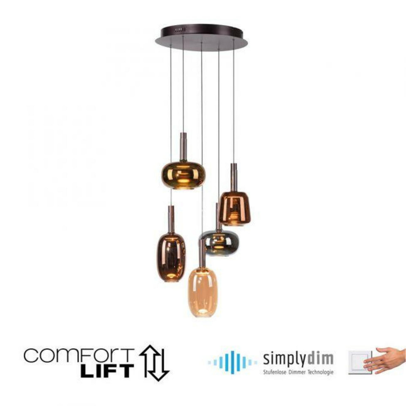 PAUL NEUHAUS LED závěsné svítidlo 5 ramenné nastavitelná výška Comfort Lift stmívatelné paměťová funkce SimplyDim 3000K PN 2682-70