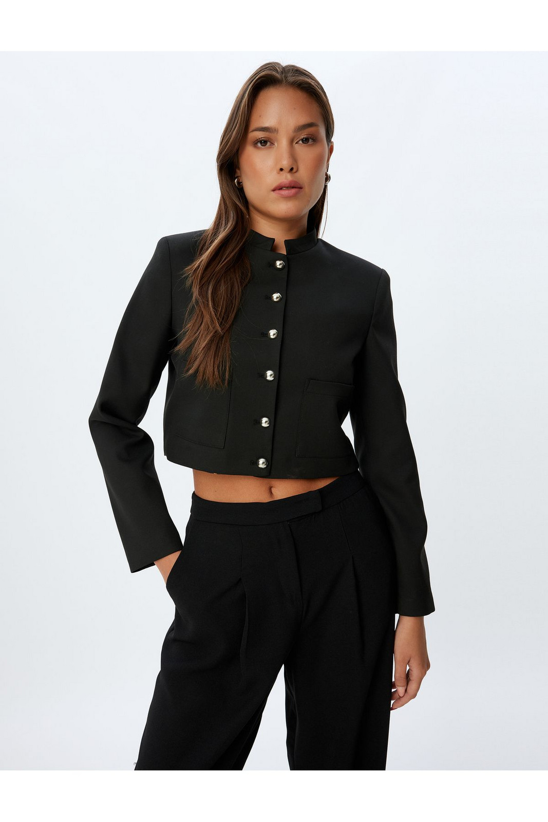 Koton Crop Jacket Stand Collar Pocket Buttoned Long Sleeve