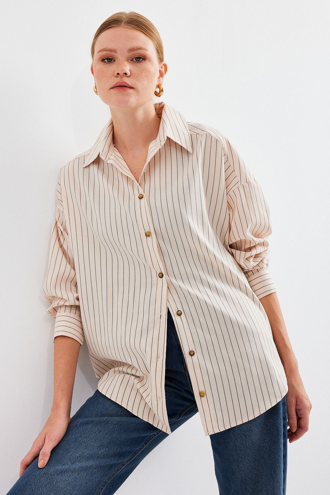 Bigdart 20208 Striped Oversize Long Basic Shirt - Cream