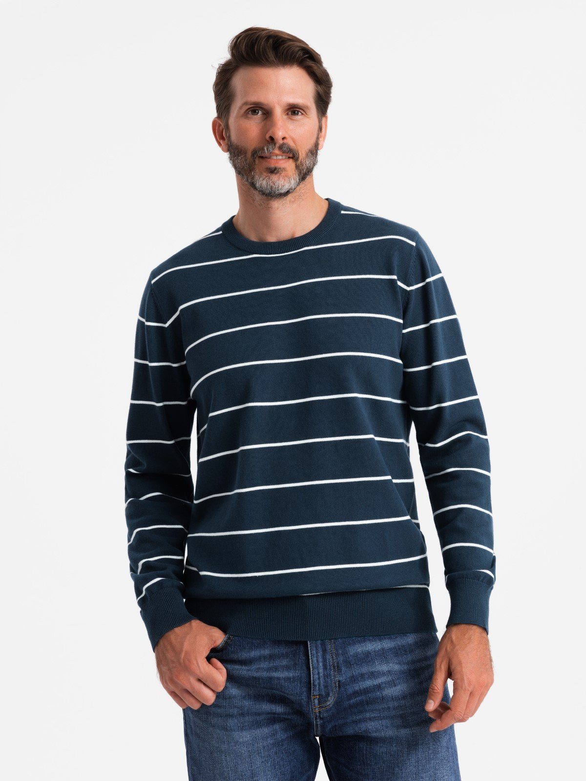 Ombre Casual men's sweater with horizontal stripes - navy blue