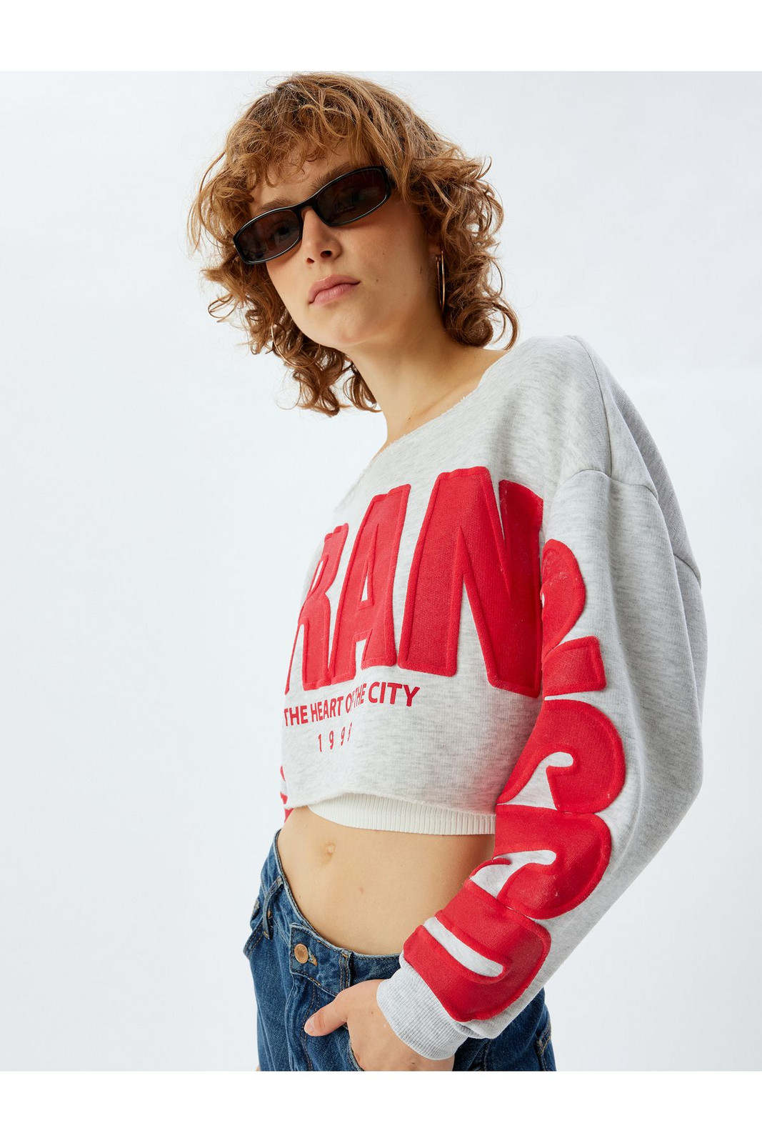 Koton Crop Oversize Sweatshirt Embroidered Slogan Boat Neck