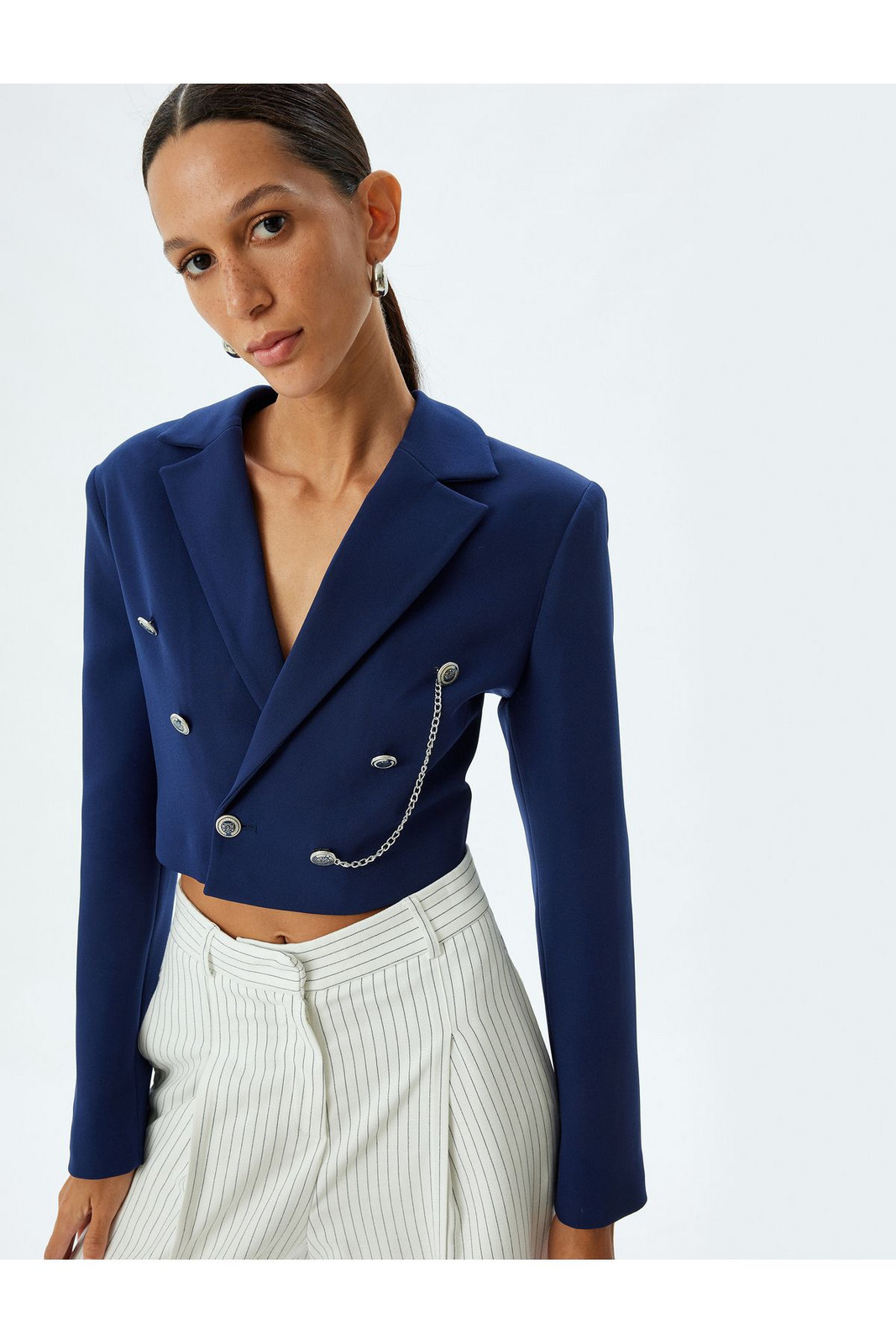 Koton Double Breasted Crop Blazer Jacket Reverse Collar Dobby Chain Detail Buttoned