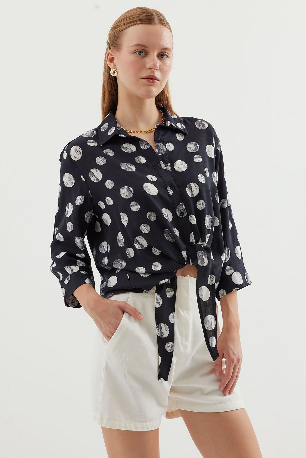 Bigdart 20243 Tie Front Patterned Shirt - Black