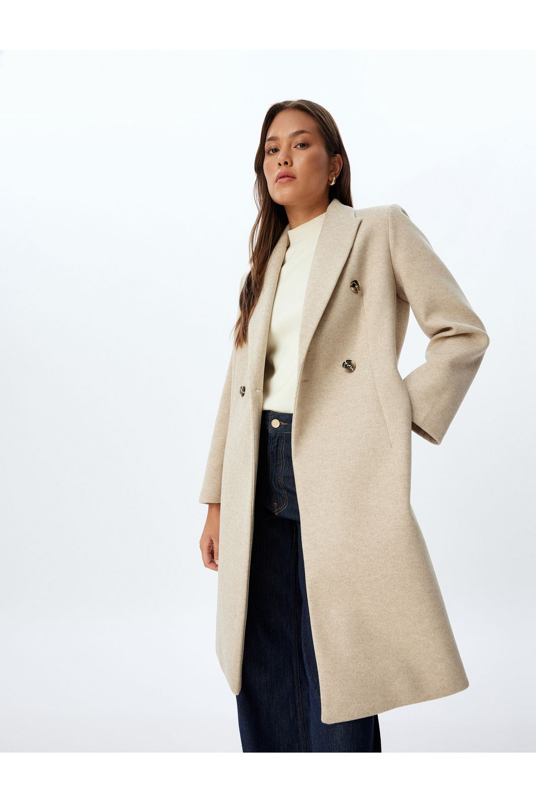 Koton Double Breasted Reverse Collar with Hidden Pocket Thick Knitted Long Stamp Coat