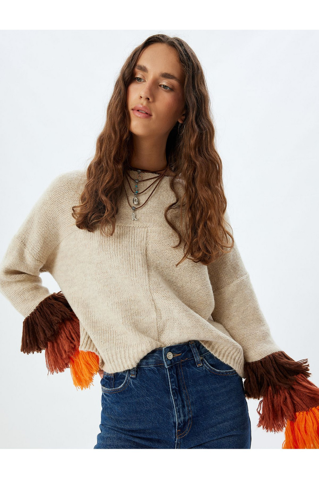 Koton Knitwear Sweater Crew Neck Tassel Detail Multicolor