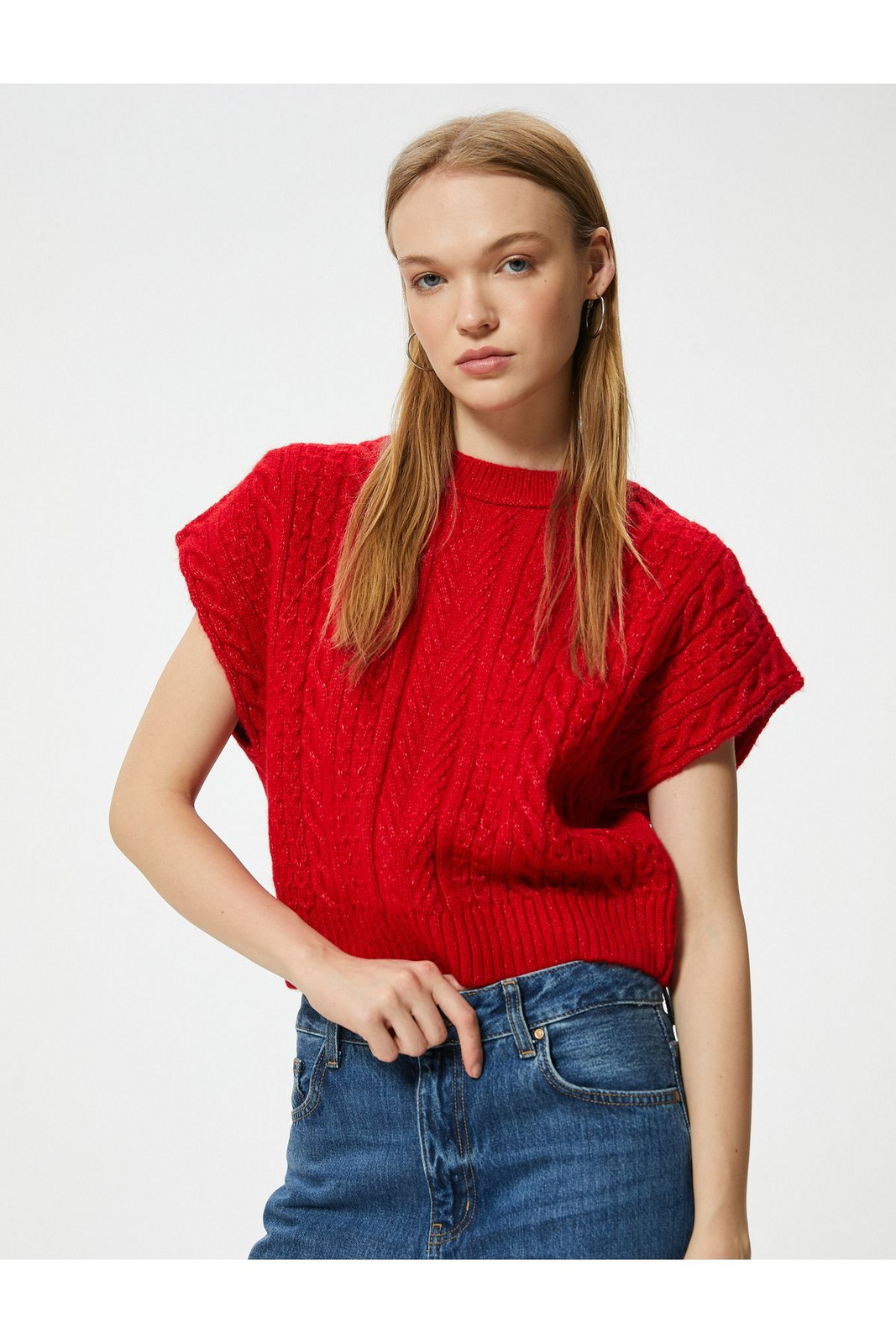 Koton Knitted Textured Sweater Crew Neck Bat Sleeve