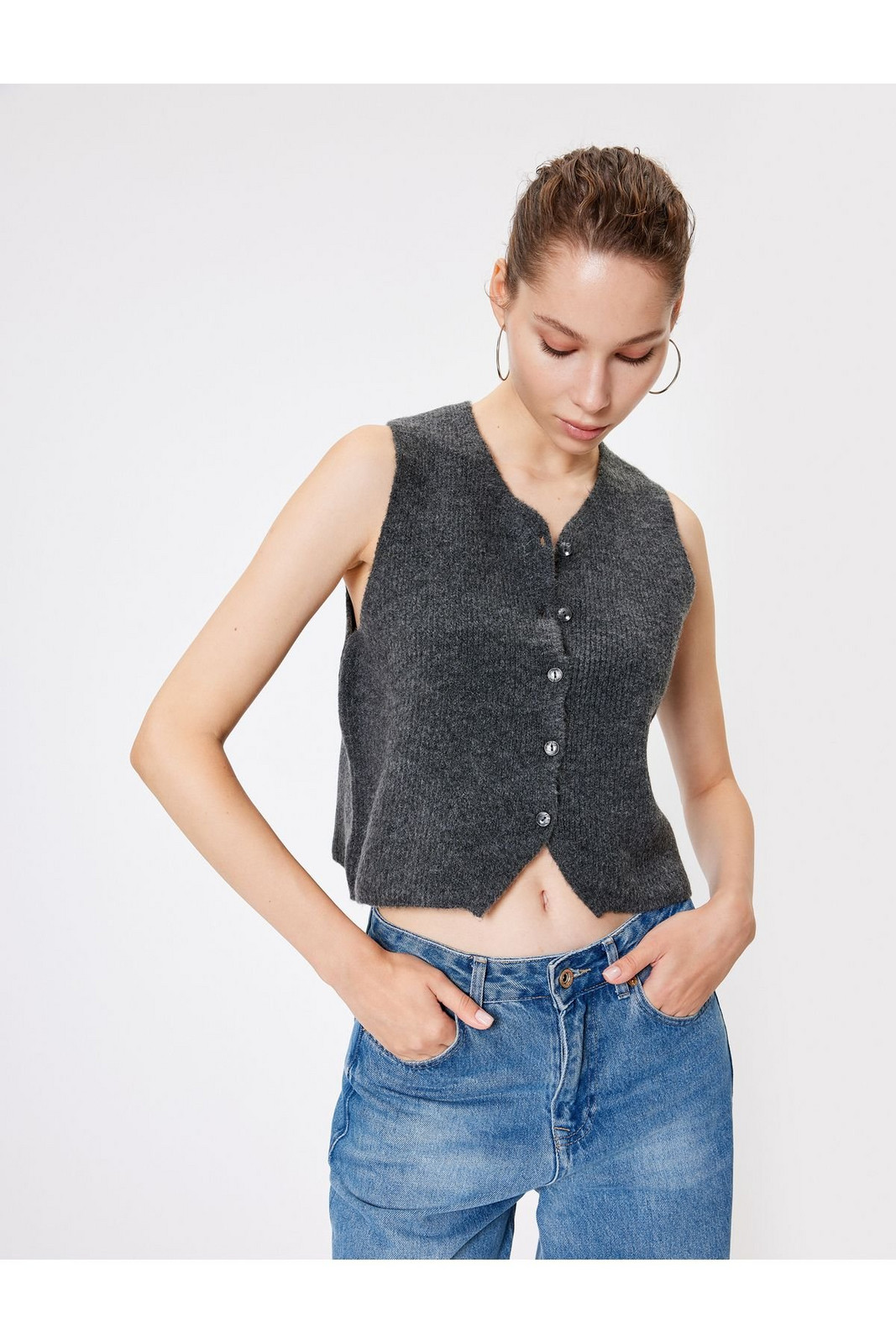 Koton Crop Knit Vest Buttoned V Neck