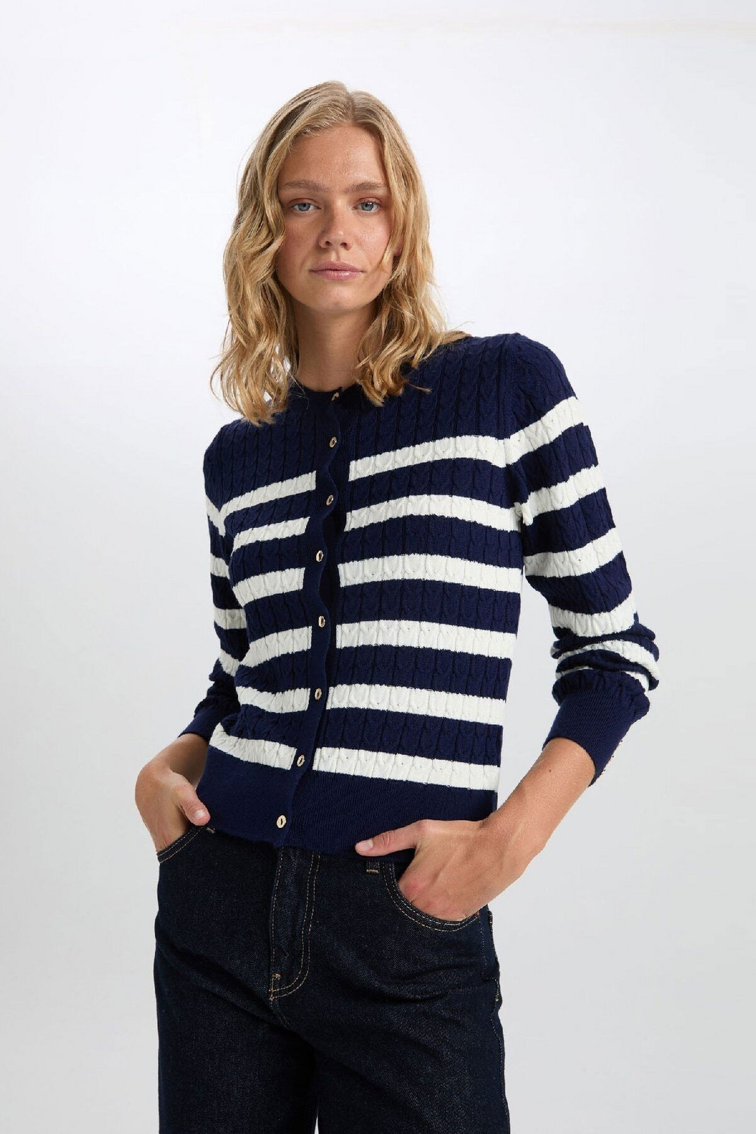 DEFACTO Regular Fit Striped Crew Neck Button Closure Knitwear Cardigan