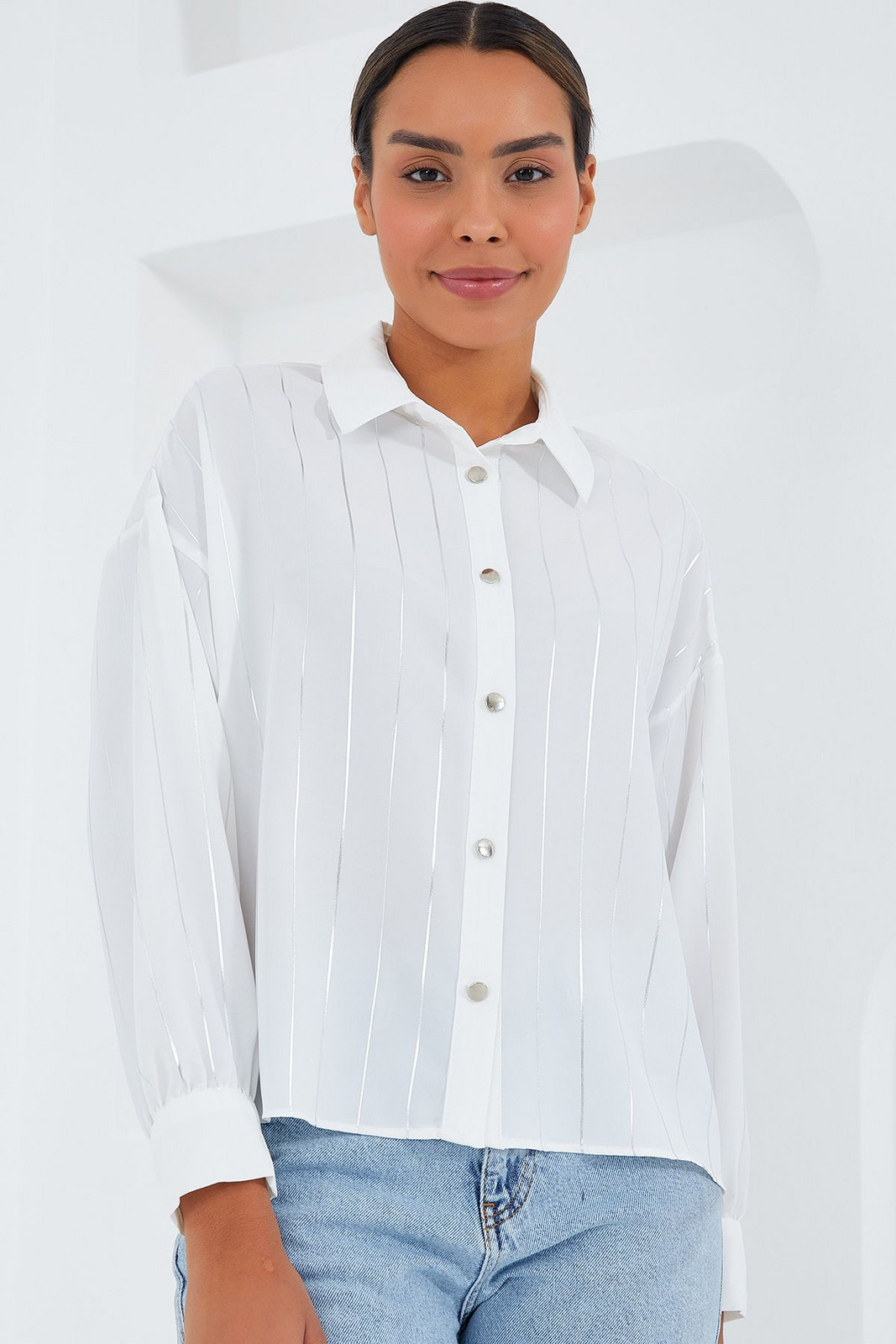 Bigdart Women's White Silver Striped Shirt 5924