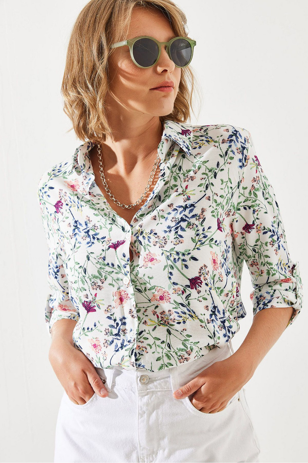 Bianco Lucci Women's Sleeve Folded Floral Patterned Shirt