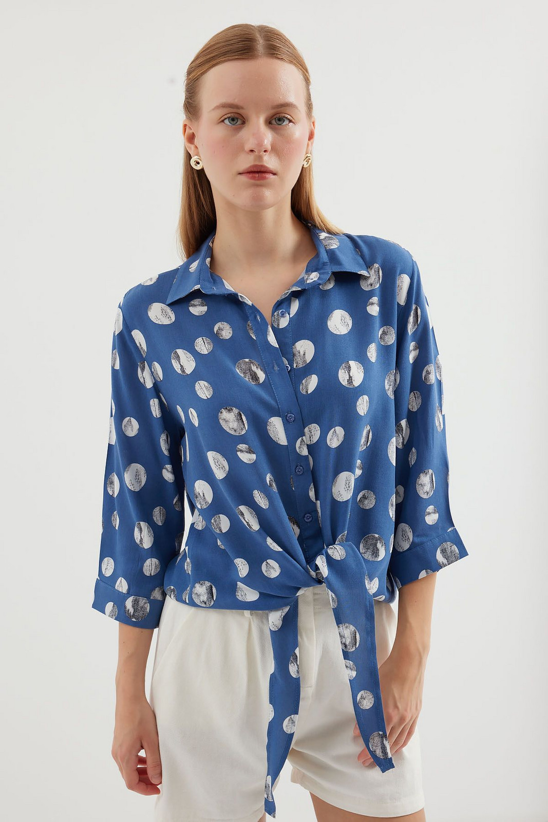 Bigdart 20243 Tie Front Patterned Shirt - Indigo