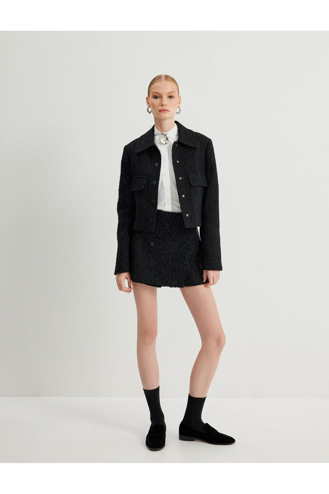 Koton Crop Tweed Jacket Shirt Collar Flap Pocket Detail