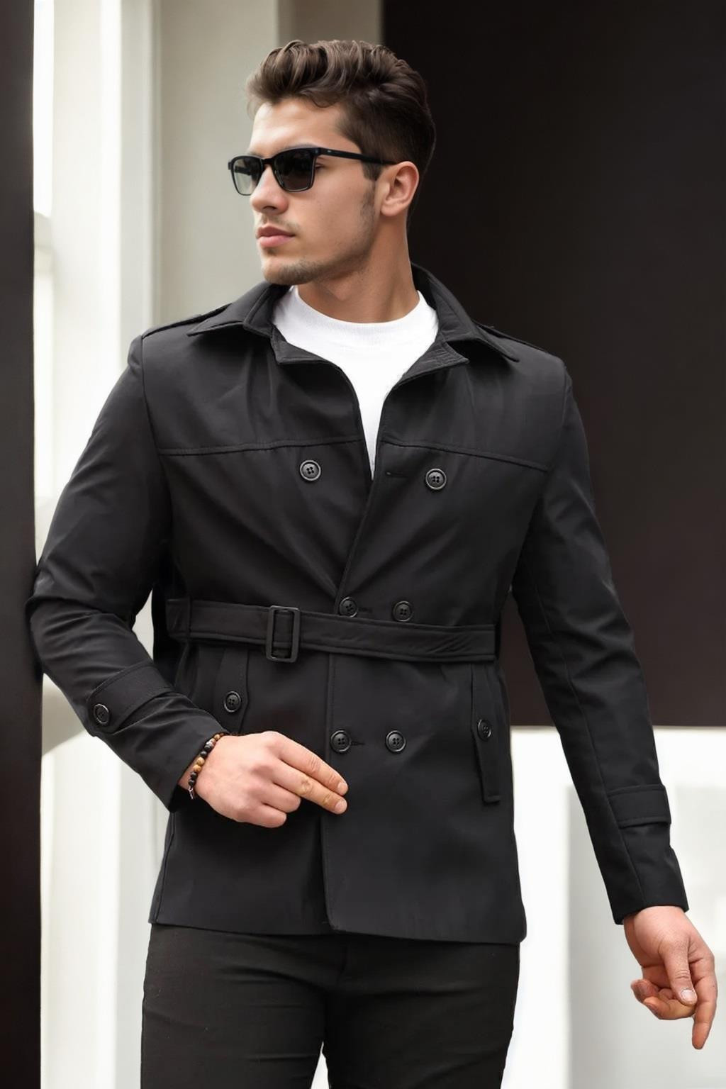 23058 Dewberry Lined Belted Double Breasted Mens Trenchcoat-BLACK