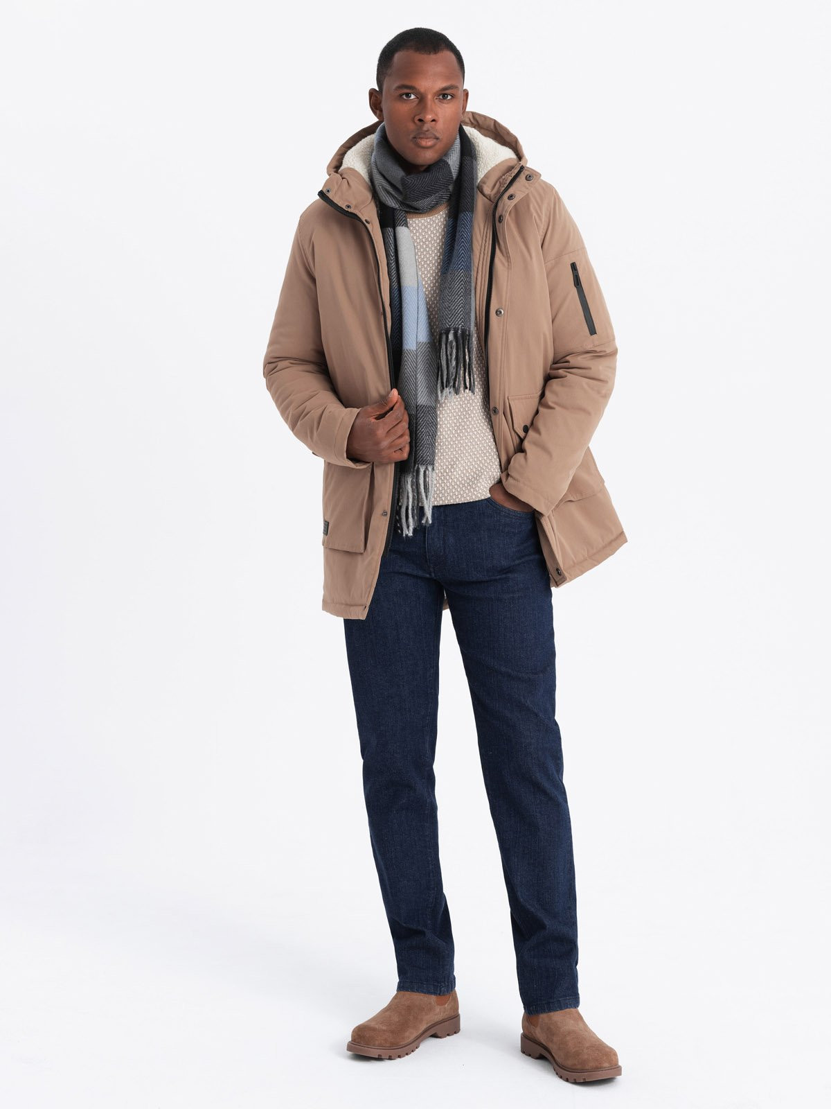 Ombre Men's long parka sherpa jacket - beige