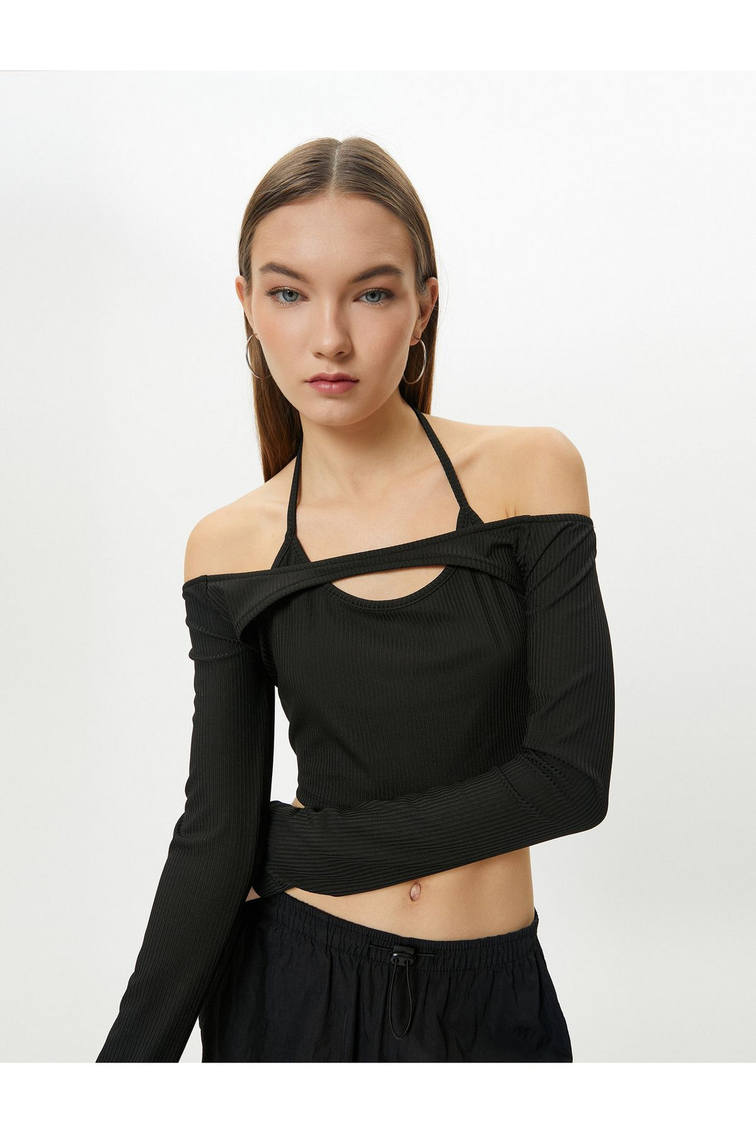 Koton Boat Neck Crop T-Shirt Long Sleeve Tie Detailed