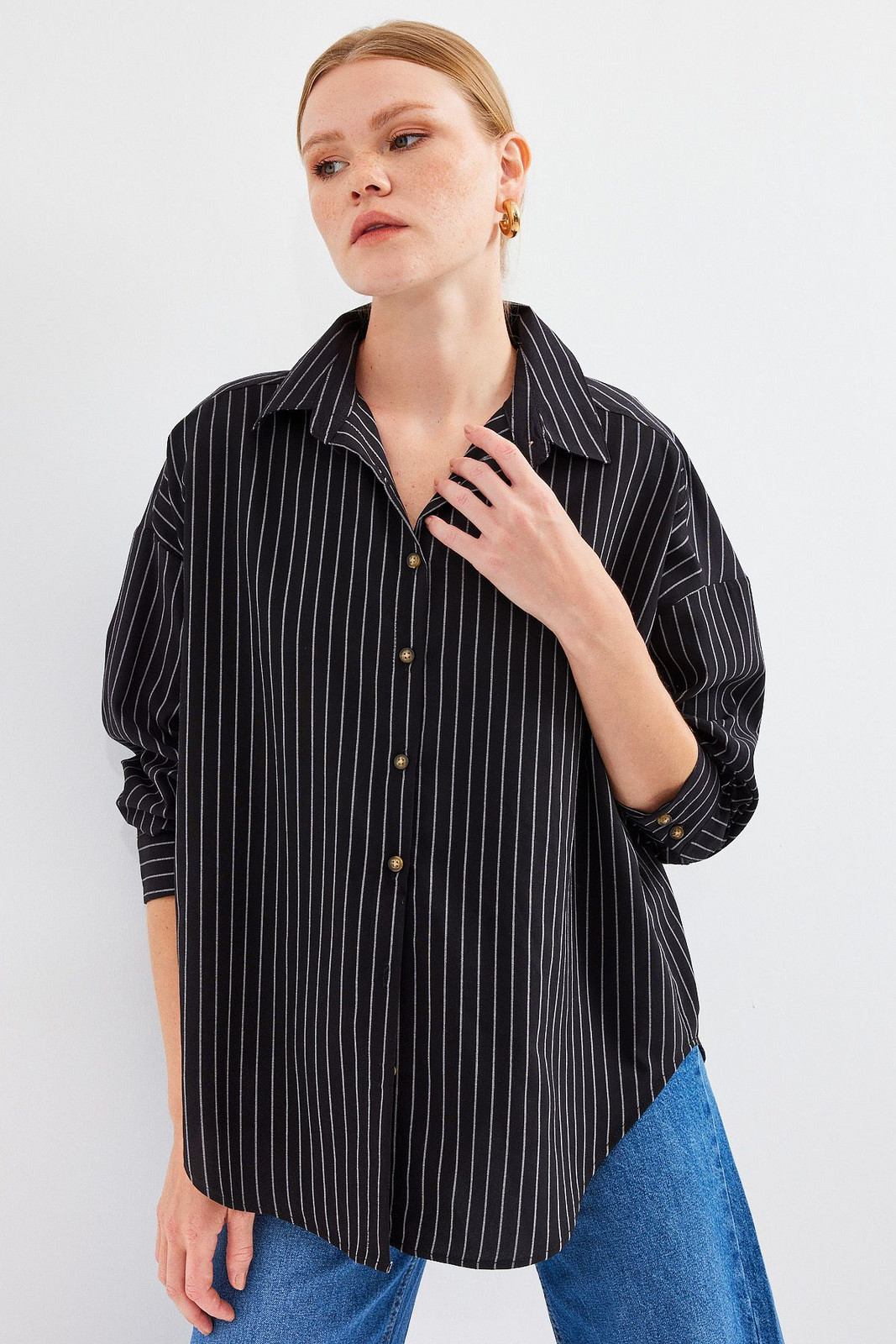 Bigdart 20208 Striped Oversize Long Basic Shirt - Black