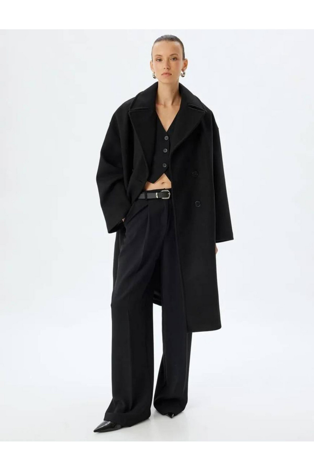 Koton Double Breasted Reverse Collar Buttoned Long Oversize Stamp Coat with Pockets