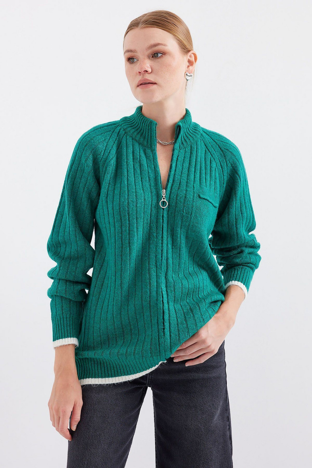 Bigdart 15880 Zippered Knitted Cardigan - Emerald Green