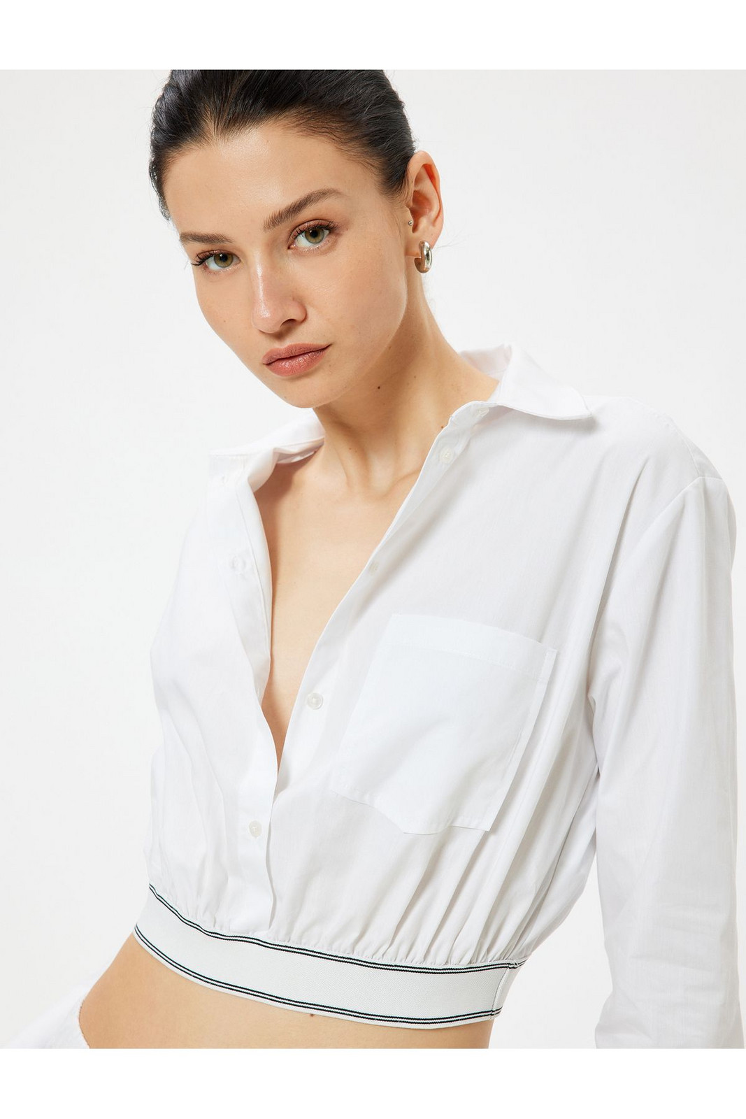 Koton Crop Poplin Shirt Elastic Waist Long Sleeve Pocket Detailed