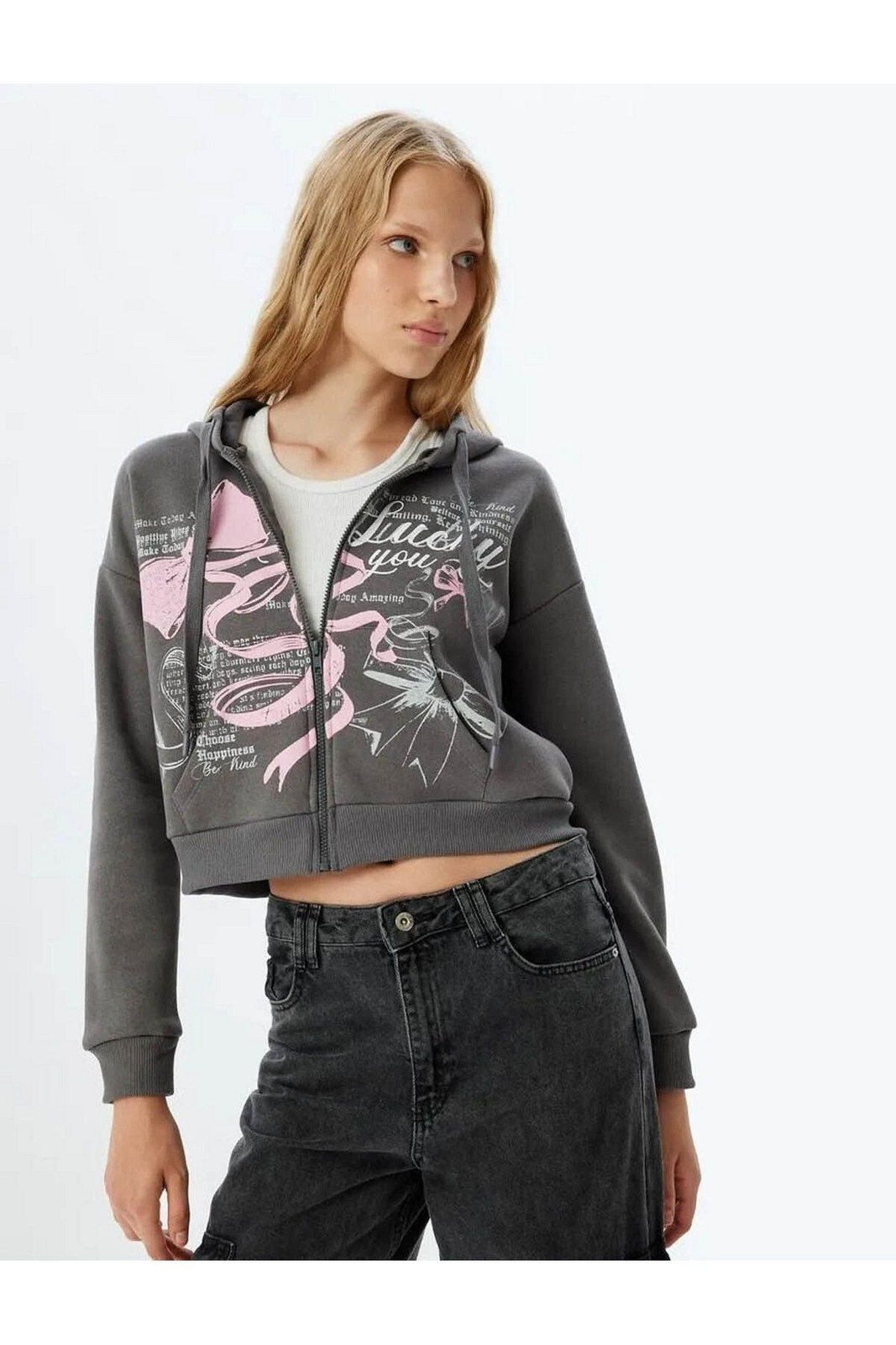 Koton Crop Sweatshirt Zippered Hooded Printed Pocket Detailed Raised