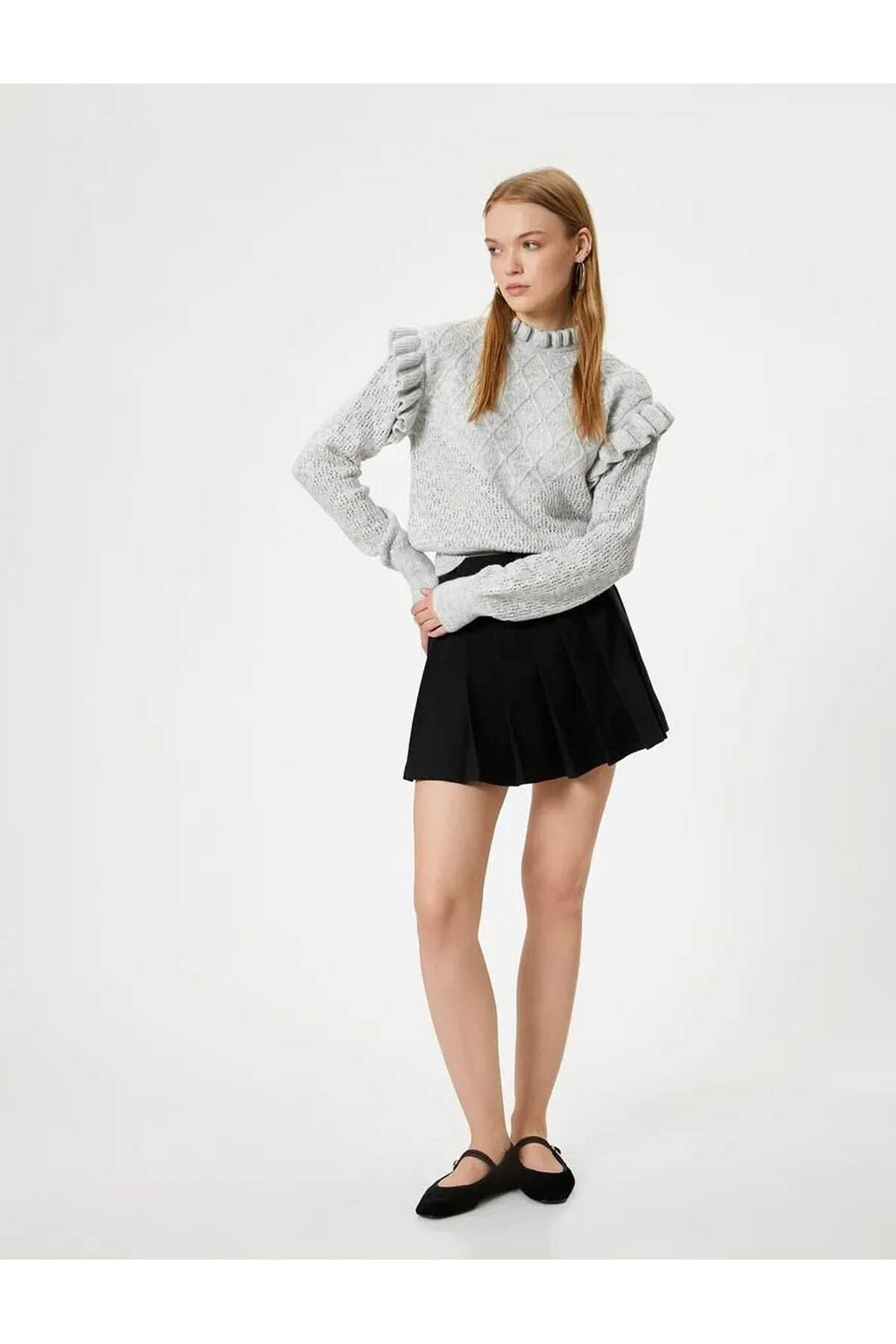 Koton Knitwear Sweater with Textured Ruffle Detail Standing Collar