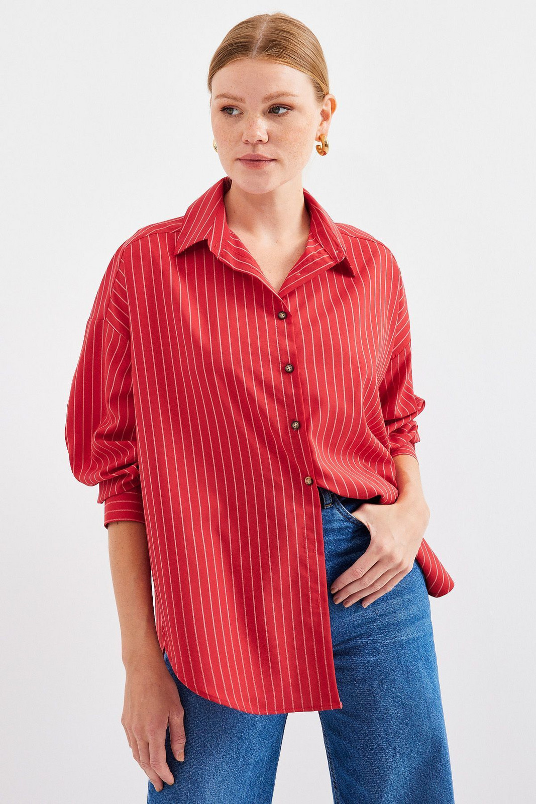 Bigdart 20208 Striped Oversize Long Basic Shirt - Red