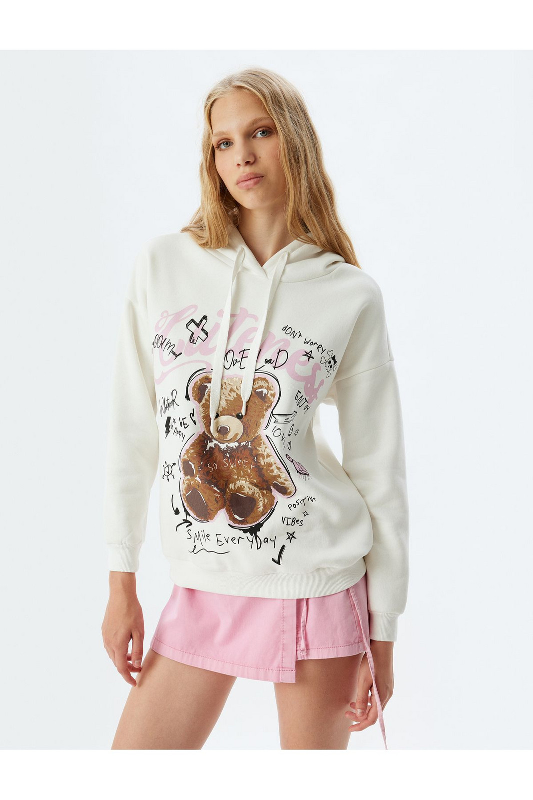 Koton Hooded Sweatshirt Bear Printed Slogan Comfortable Fit