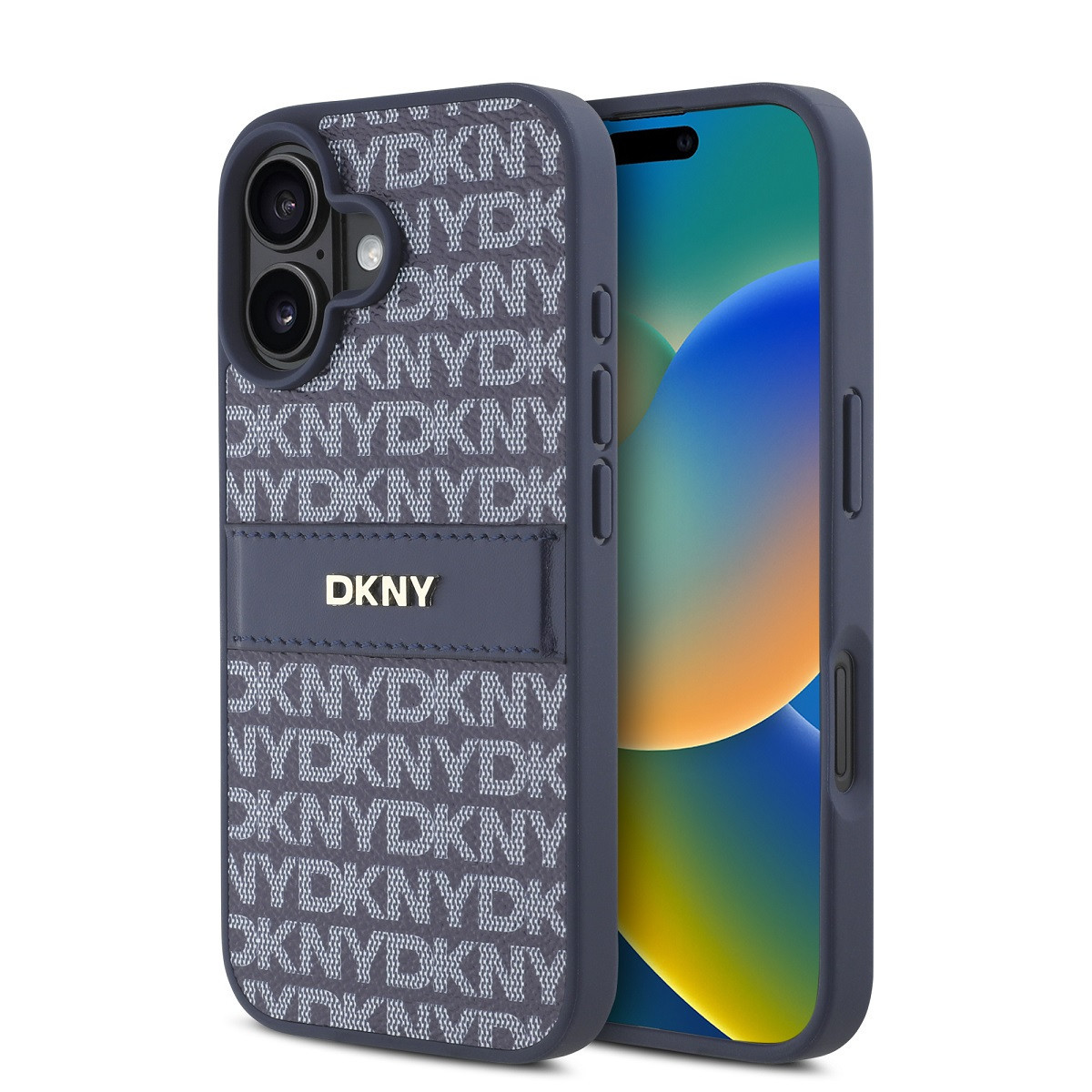 Zadní kryt DKNY PU Leather Repeat Pattern Tonal Stripe pro iPhone 16 Blue