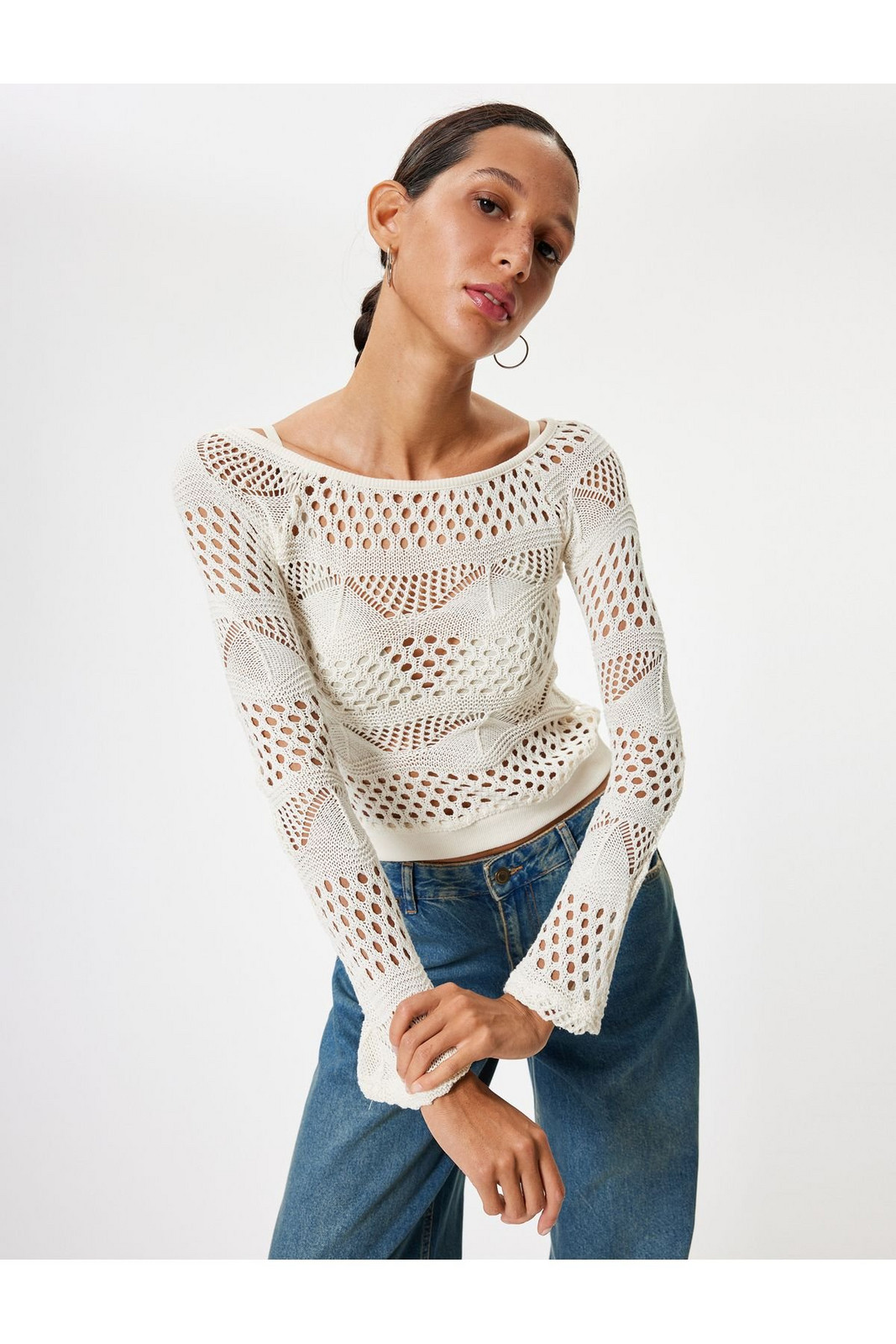 Koton Crochet T-Shirt Long Sleeve Boat Neck Viscose Blend