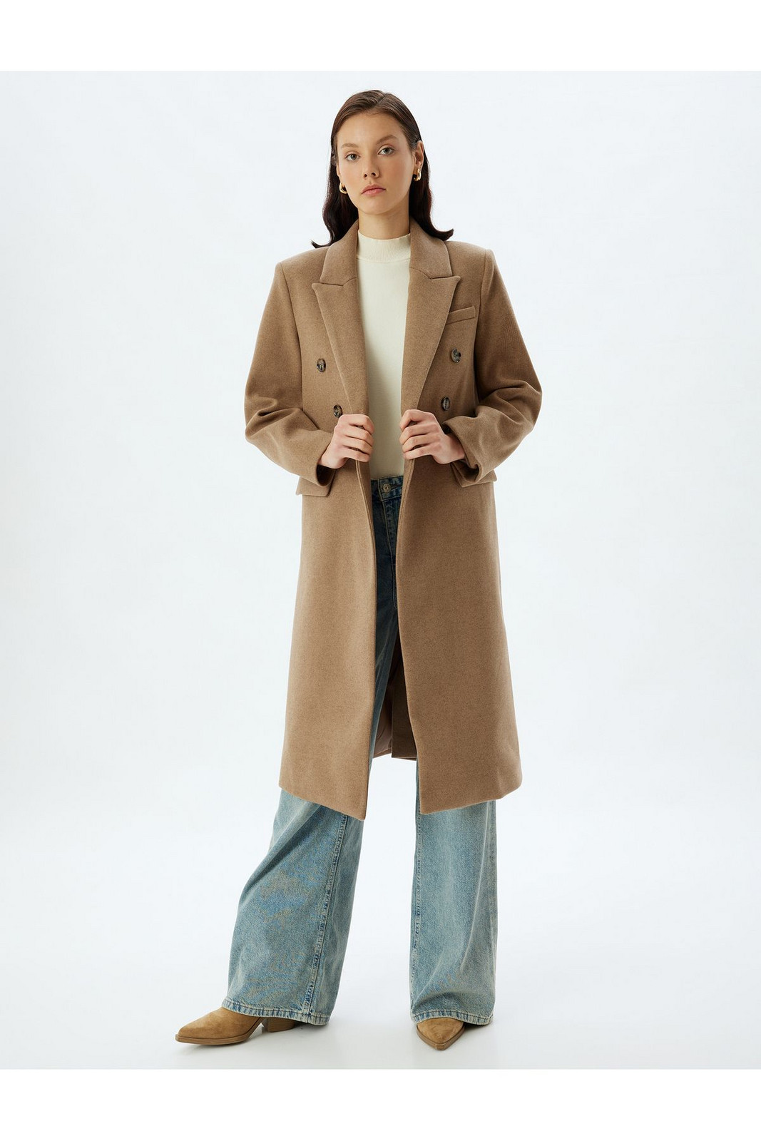 Koton Double Breasted Reverse Collar Buttoned Long Stamp Coat