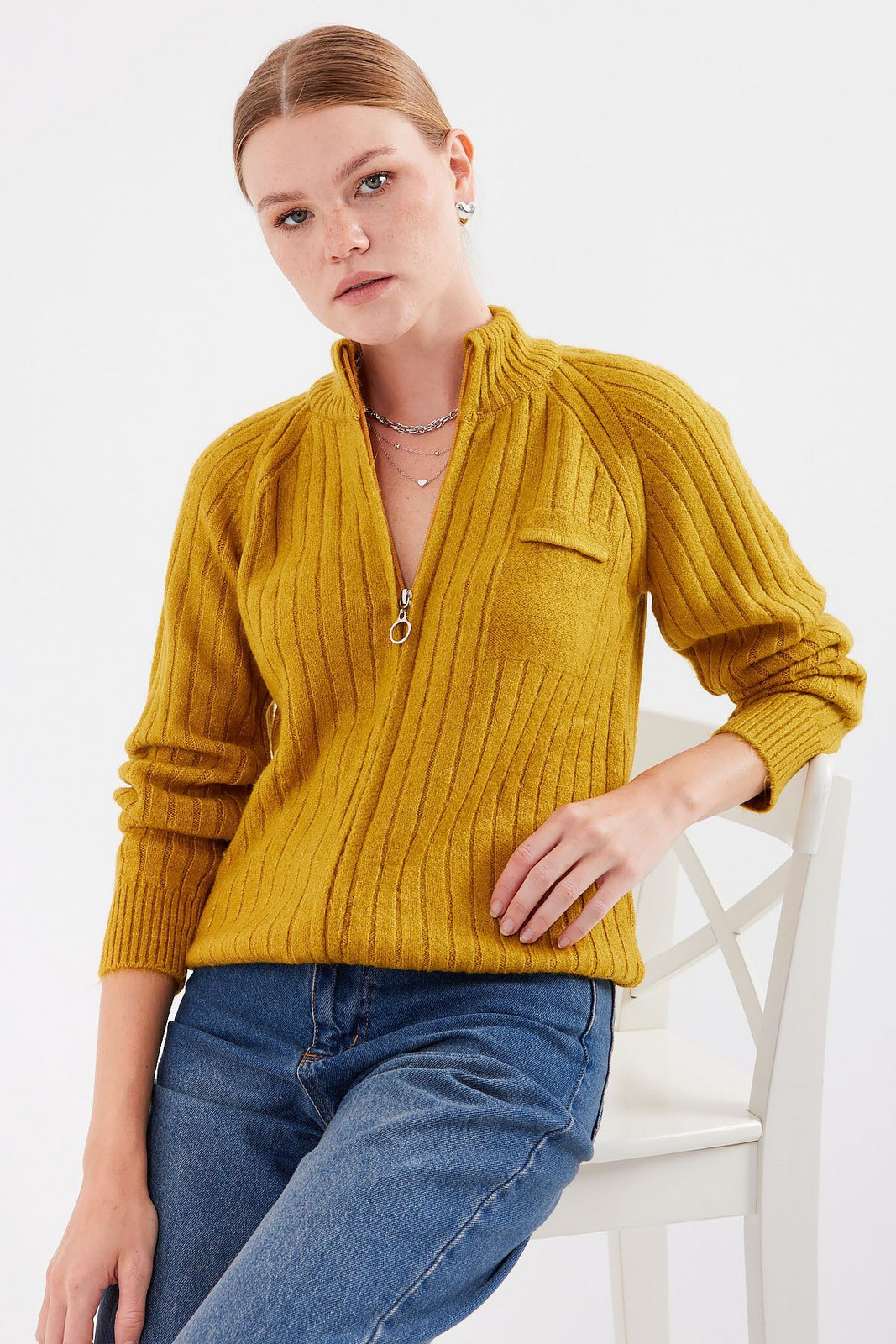 Bigdart 15880 Zippered Knitwear Cardigan - Mustard