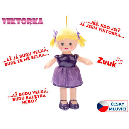 Panenka Viktorka baby soft textilní 32cm fialová na baterie CZ Světlo Zvuk