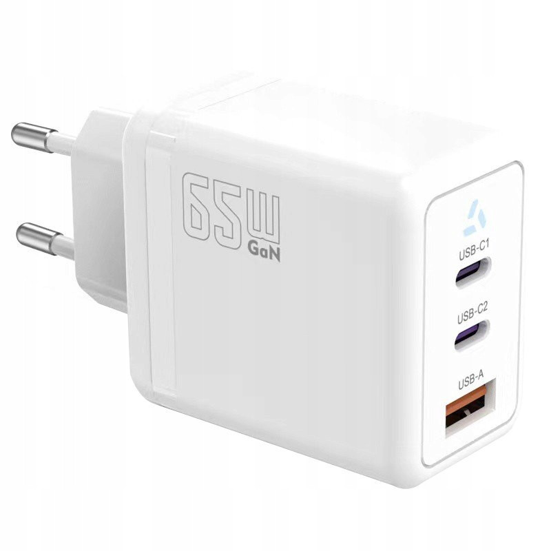 Nabíječka do sítě 2x Usb C Usb A Power Delivery bílá, GaN 65W