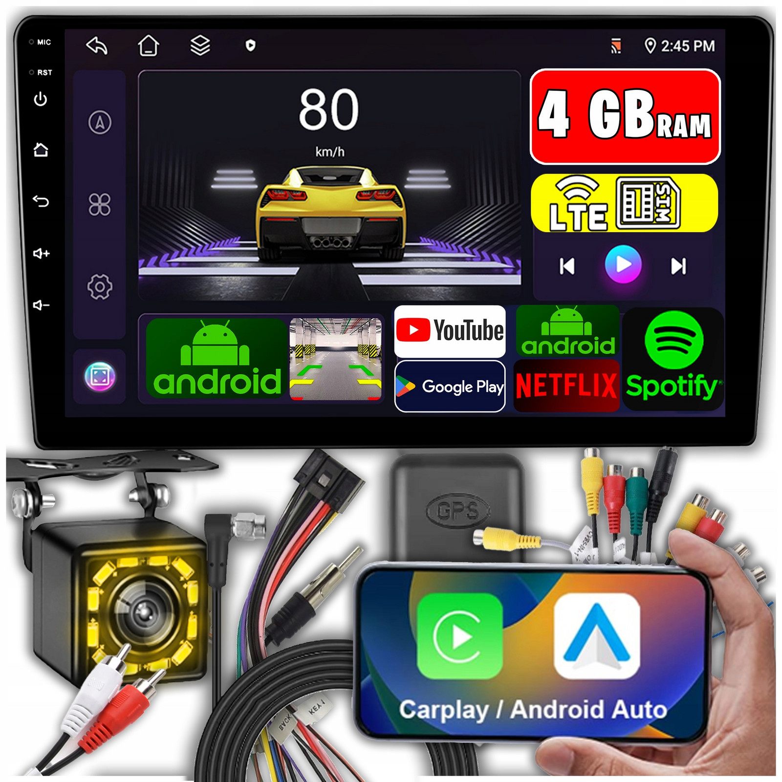 Autorádio 2 Din Android 13 Carplay Wifi Sim Gps Mapy Rds Dotykové