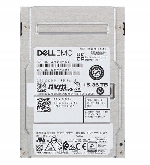 Kioxia 15,36 Tb KCM6FRUL15T3 0J6F35 Cie 4.0 X4 Gen 4 NVMe Dell