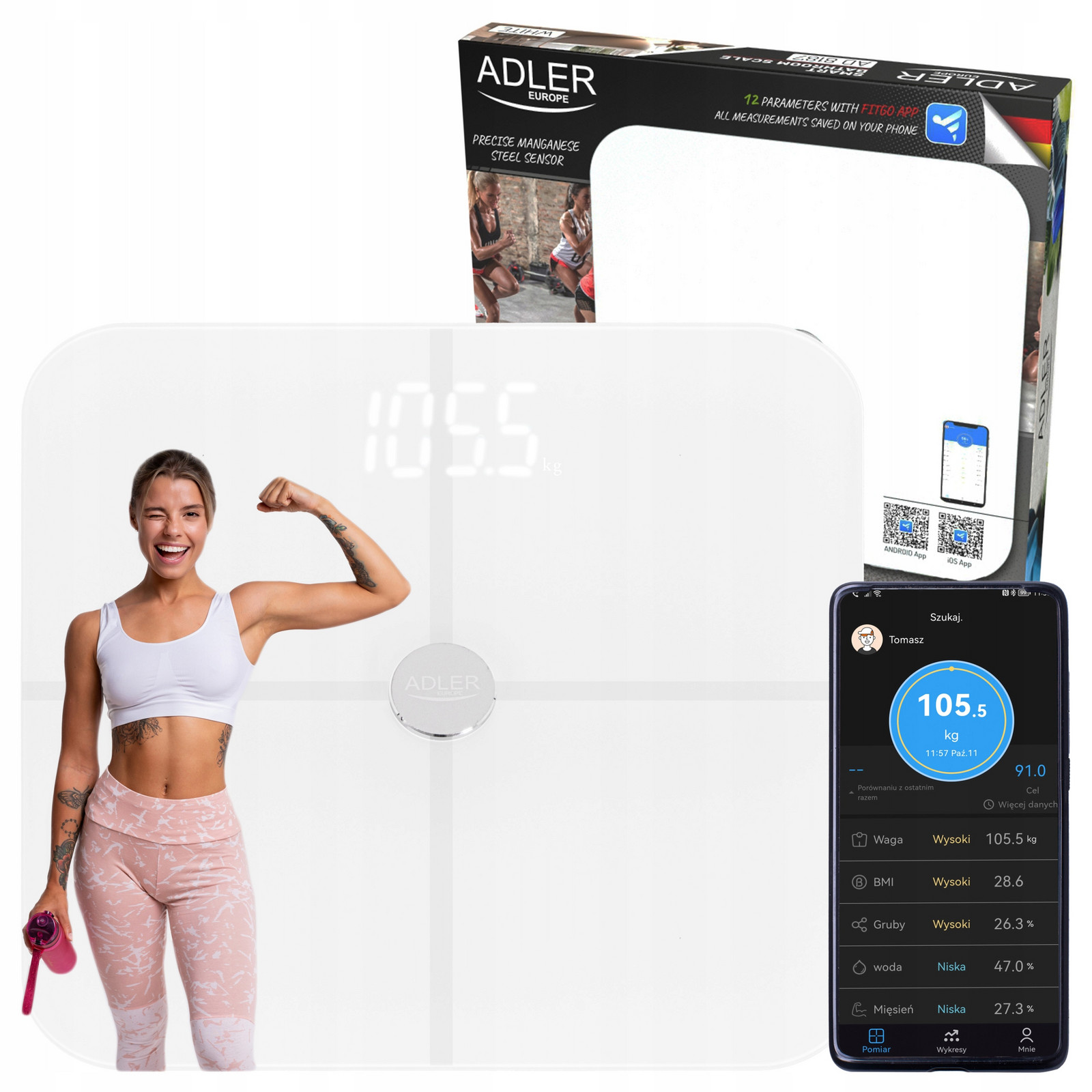 Adler Ad 8187 White Analytická koupelnová váha – Smart aplikace FitGo