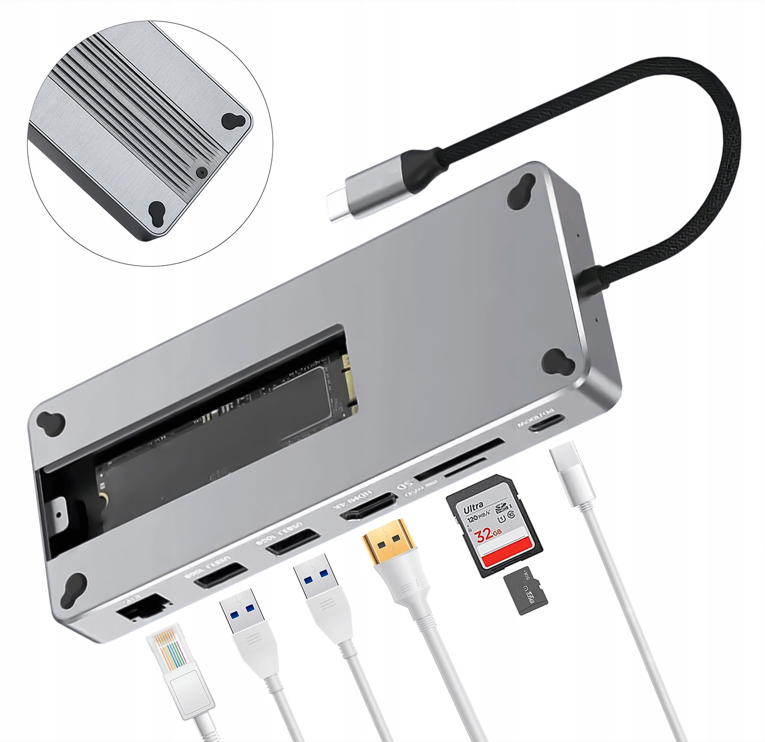 Hub Skříň Ssd disk Nvme Sata M.2 Usb-c 3.2 Hdmi 4K 60Hz Pd 100W