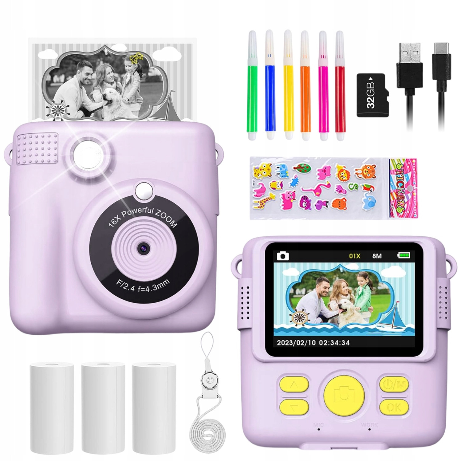 Dětský Fotoaparát S Okamžitým Tiskem A 32GB Kartou Fialový