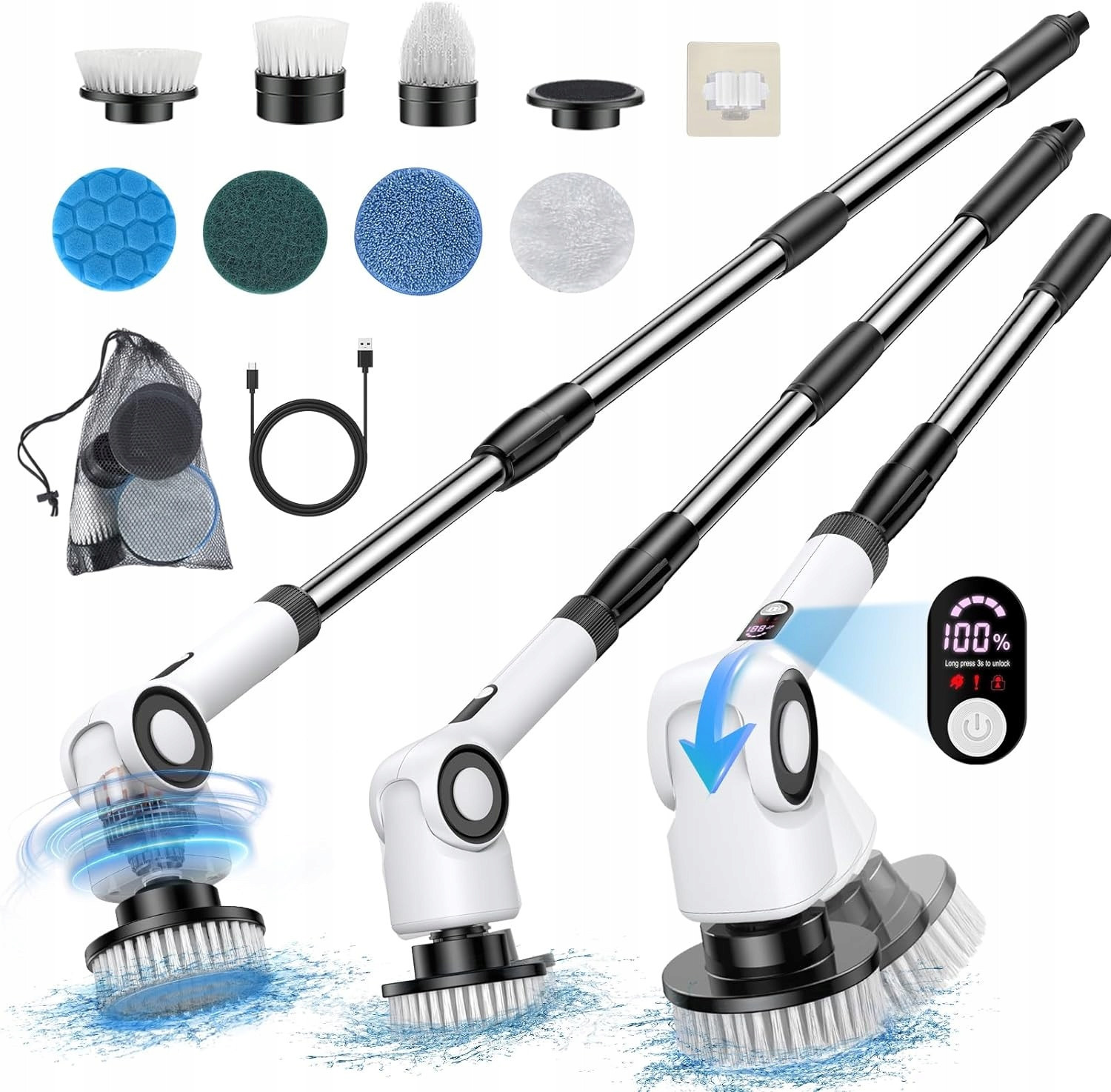 Rotační kartáč Elektrický 9v1 Se 7 Hlavicemi A LCD Pro Úklid