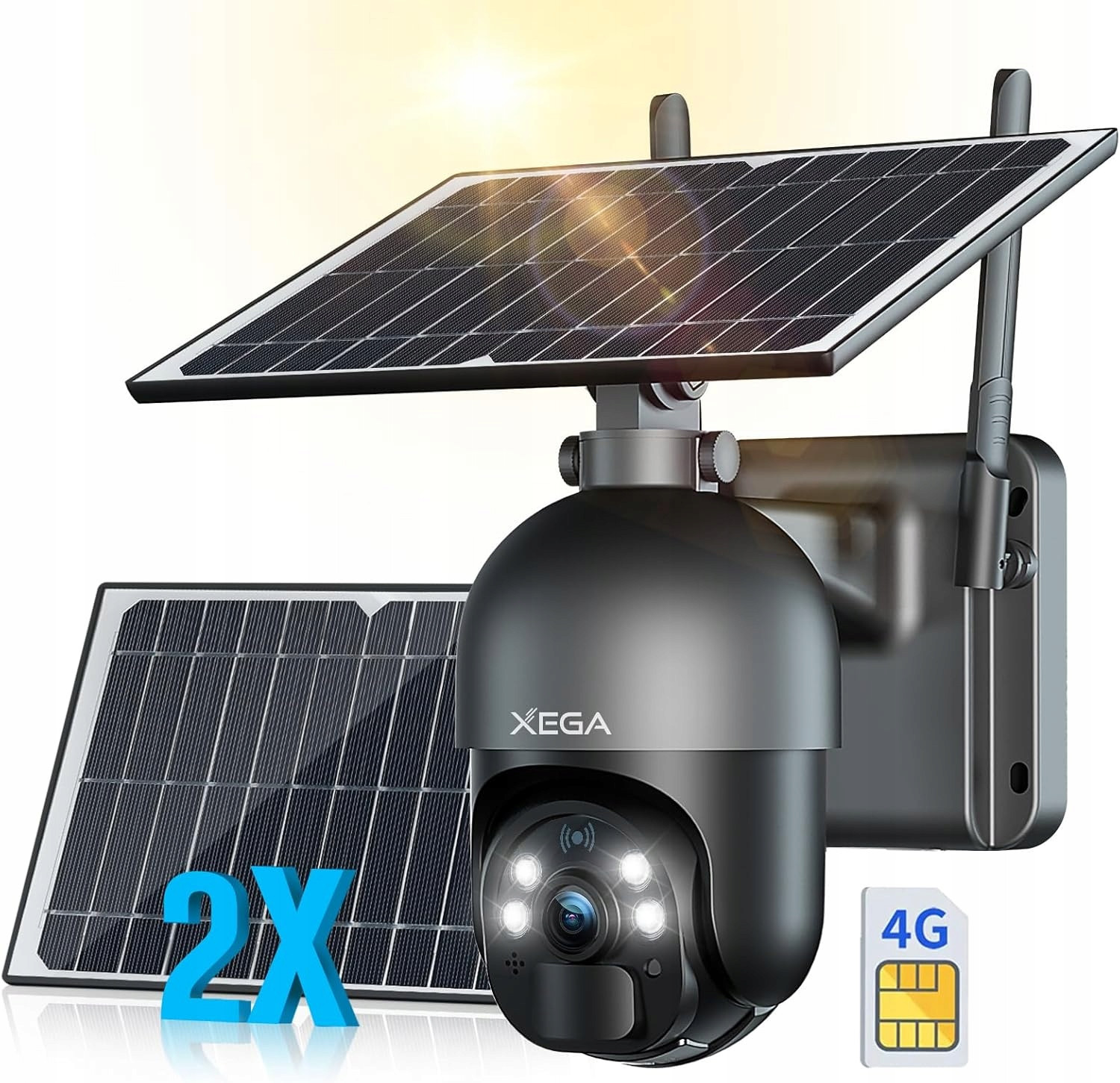 Venkovní Solární Kamera Otočná Na Sim Kartu 4G Lte Gsm 2K 3MP+ 2 Panely